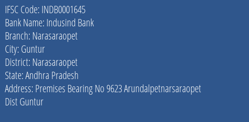 Indusind Bank Narasaraopet Branch Narasaraopet IFSC Code INDB0001645