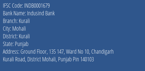 Indusind Bank Kurali Branch Kurali IFSC Code INDB0001679