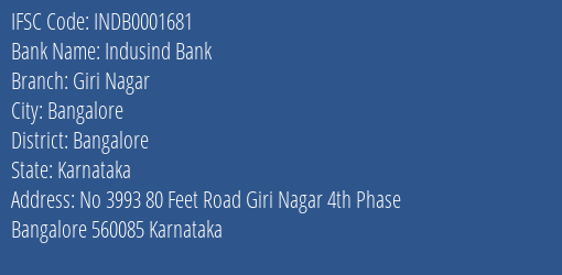 Indusind Bank Giri Nagar Branch Bangalore IFSC Code INDB0001681