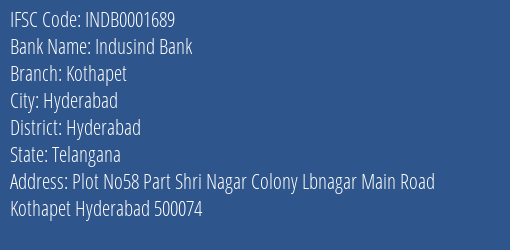 Indusind Bank Kothapet Branch, Branch Code 001689 & IFSC Code Indb0001689