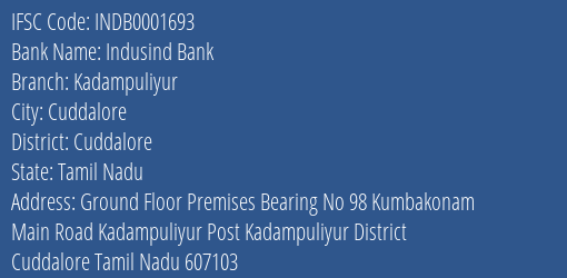 Indusind Bank Kadampuliyur Branch Cuddalore IFSC Code INDB0001693