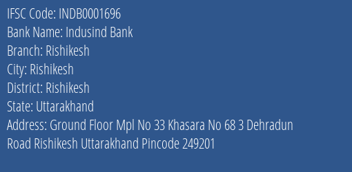 Indusind Bank Rishikesh Branch Rishikesh IFSC Code INDB0001696