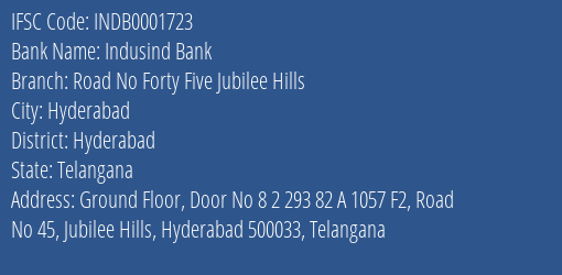 Indusind Bank Road No Forty Five Jubilee Hills Branch, Branch Code 001723 & IFSC Code Indb0001723