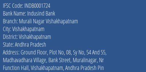 Indusind Bank Murali Nagar Vishakhapatnam Branch, Branch Code 001724 & IFSC Code Indb0001724