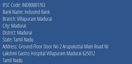 Indusind Bank Villapuram Madurai Branch Madurai IFSC Code INDB0001763