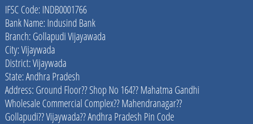 Indusind Bank Gollapudi Vijayawada Branch, Branch Code 001766 & IFSC Code INDB0001766