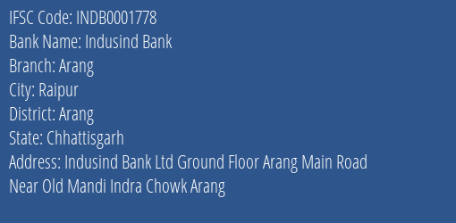 Indusind Bank Arang Branch Arang IFSC Code INDB0001778