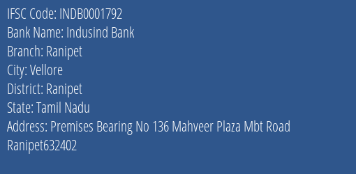 Indusind Bank Ranipet Branch Ranipet IFSC Code INDB0001792