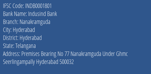 Indusind Bank Nanakramguda Branch, Branch Code 001801 & IFSC Code Indb0001801