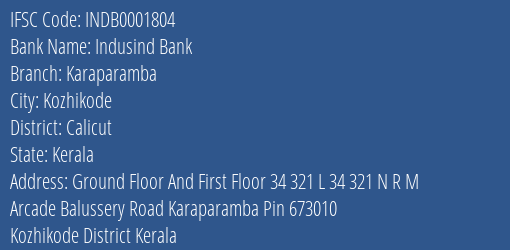 Indusind Bank Karaparamba Branch Calicut IFSC Code INDB0001804