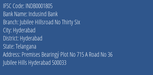 Indusind Bank Jubilee Hillsroad No Thirty Six Branch, Branch Code 001805 & IFSC Code Indb0001805