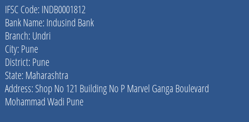 Indusind Bank Undri Branch, Branch Code 001812 & IFSC Code Indb0001812