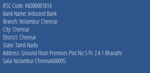 Indusind Bank Nolambur Chennai Branch Chennai IFSC Code INDB0001814
