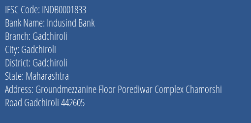 Indusind Bank Gadchiroli Branch, Branch Code 001833 & IFSC Code Indb0001833