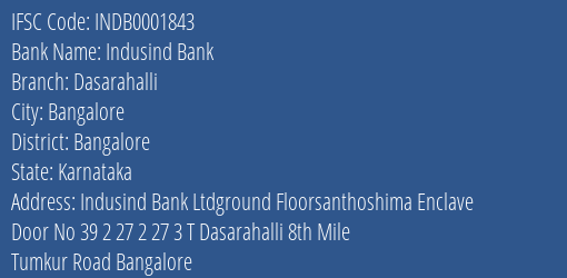 Indusind Bank Dasarahalli Branch Bangalore IFSC Code INDB0001843