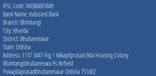 Indusind Bank Bhimtangi Branch, Branch Code 001849 & IFSC Code INDB0001849