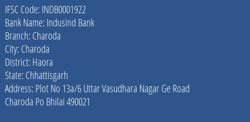 Indusind Bank Charoda Branch Haora IFSC Code INDB0001922