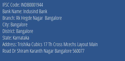 Indusind Bank Rk Hegde Nagar Bangalore Branch Bangalore IFSC Code INDB0001944