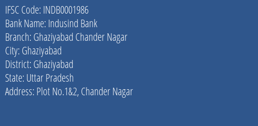 Indusind Bank Ghaziyabad Chander Nagar Branch, Branch Code 001986 & IFSC Code Indb0001986