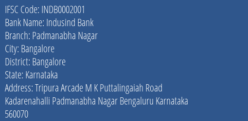Indusind Bank Padmanabha Nagar Branch Bangalore IFSC Code INDB0002001