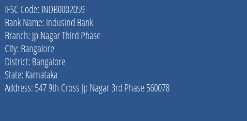 Indusind Bank Jp Nagar Third Phase Branch Bangalore IFSC Code INDB0002059