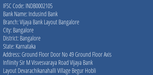 Indusind Bank Vijaya Bank Layout Bangalore Branch Bangalore IFSC Code INDB0002105