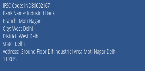 Indusind Bank Moti Nagar Branch West Delhi IFSC Code INDB0002167