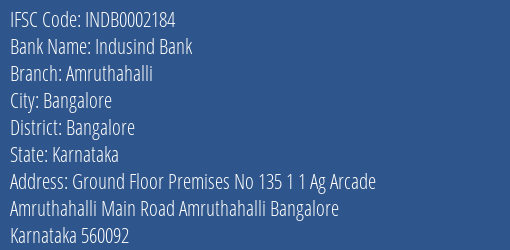 Indusind Bank Amruthahalli Branch Bangalore IFSC Code INDB0002184