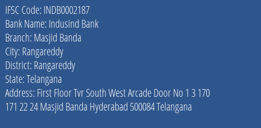 Indusind Bank Masjid Banda Branch, Branch Code 002187 & IFSC Code INDB0002187