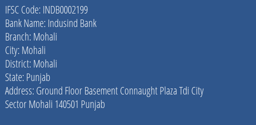 Indusind Bank Mohali Branch Mohali IFSC Code INDB0002199