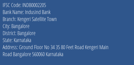 Indusind Bank Kengeri Satellite Town Branch Bangalore IFSC Code INDB0002205