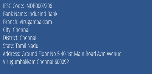 Indusind Bank Virugambakkam Branch Chennai IFSC Code INDB0002206
