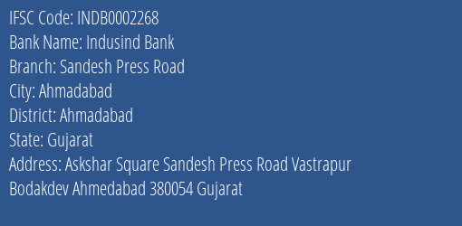 Indusind Bank Sandesh Press Road Branch Ahmadabad IFSC Code INDB0002268