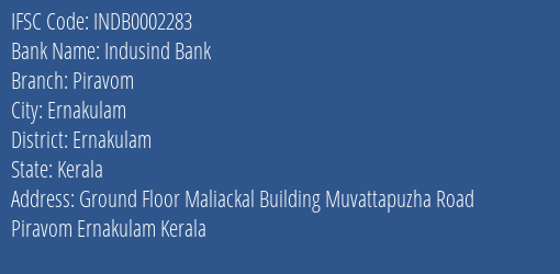 Indusind Bank Piravom Branch, Branch Code 002283 & IFSC Code Indb0002283