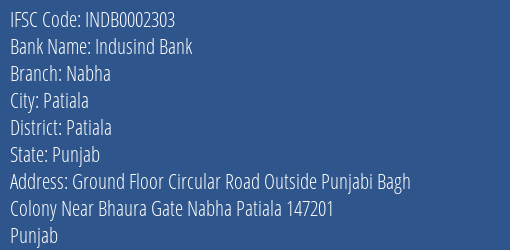 Indusind Bank Nabha Branch Patiala IFSC Code INDB0002303