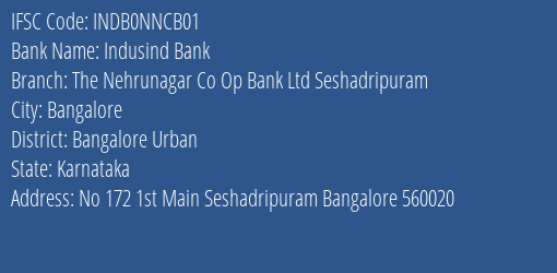 Indusind Bank The Nehrunagar Co Op Bank Ltd Seshadripuram Branch, Branch Code NNCB01 & IFSC Code INDB0NNCB01