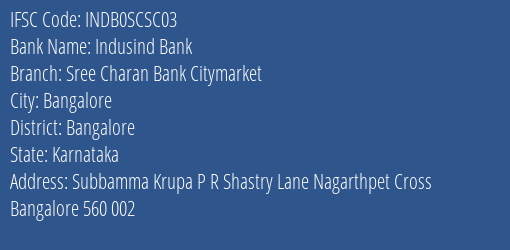 Indusind Bank Sree Charan Bank Citymarket Branch Bangalore IFSC Code INDB0SCSC03