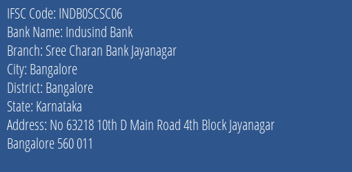 Indusind Bank Sree Charan Bank Jayanagar Branch Bangalore IFSC Code INDB0SCSC06