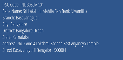 Sri Lakshmi Mahila Sah Bank Niyamitha Basavanagudi Branch, Branch Code SLMC01 & IFSC Code INDB0SLMC01
