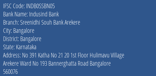 Indusind Bank Sreenidhi Souh Bank Arekere Branch Bangalore IFSC Code INDB0SSBN05