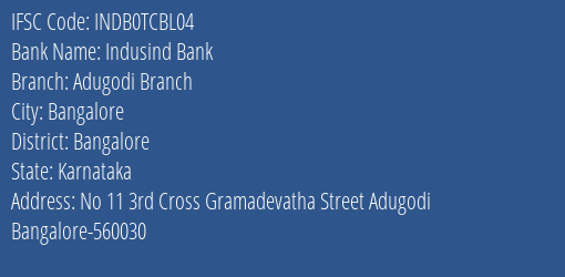 Indusind Bank Adugodi Branch Branch Bangalore IFSC Code INDB0TCBL04