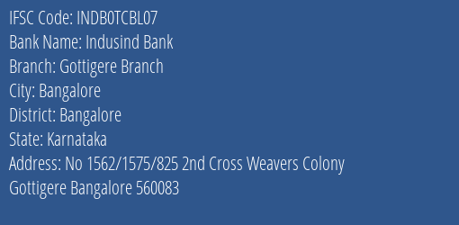 Indusind Bank Gottigere Branch Branch Bangalore IFSC Code INDB0TCBL07