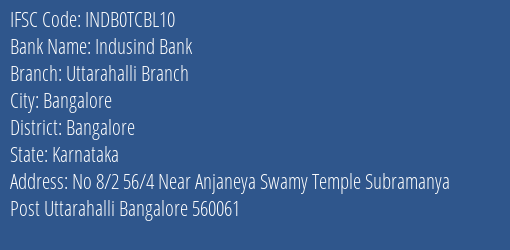 Indusind Bank Uttarahalli Branch Branch Bangalore IFSC Code INDB0TCBL10