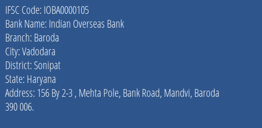 Indian Overseas Bank Baroda Branch, Branch Code 000105 & IFSC Code IOBA0000105