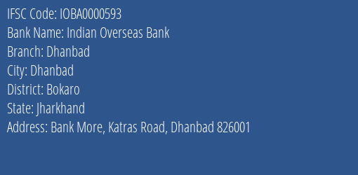 Indian Overseas Bank Dhanbad Branch, Branch Code 000593 & IFSC Code IOBA0000593