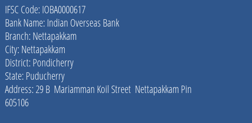 Indian Overseas Bank Nettapakkam Branch Pondicherry IFSC Code IOBA0000617