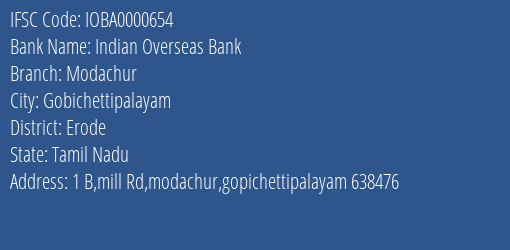 Indian Overseas Bank Modachur Branch Erode IFSC Code IOBA0000654