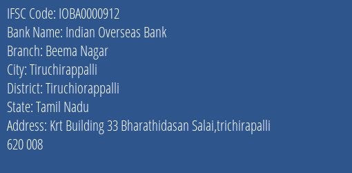 Indian Overseas Bank Beema Nagar Branch Tiruchiorappalli IFSC Code IOBA0000912