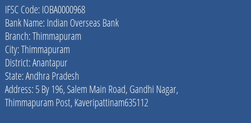 Indian Overseas Bank Thimmapuram Branch, Branch Code 000968 & IFSC Code IOBA0000968