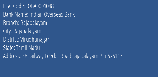 Indian Overseas Bank Rajapalayam Branch Virudhunagar IFSC Code IOBA0001048